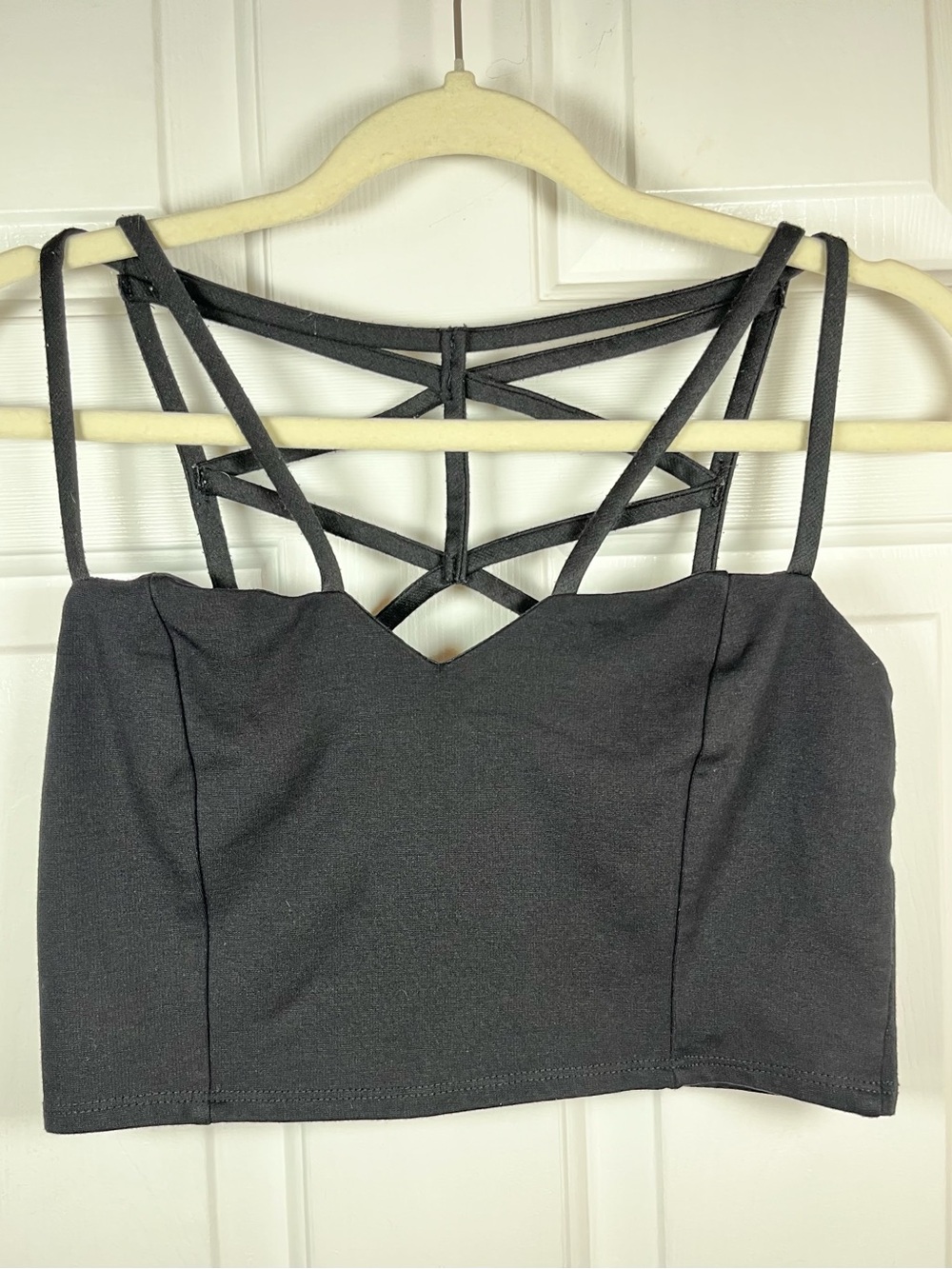 Strappy Cutout Cropped Black Tank Top | Crisscross Back & Front Strap Accent | S